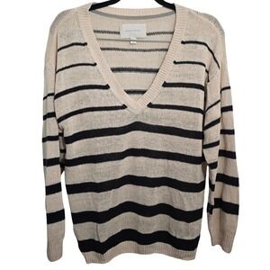 Brochu Walker Striped V-Neck Sweater Cream Black Linen‎ Cotton Knit Womens Small